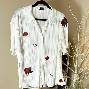 Out From Under L Urban Outfitters white with Rose appliqués and rhinestones.EUC